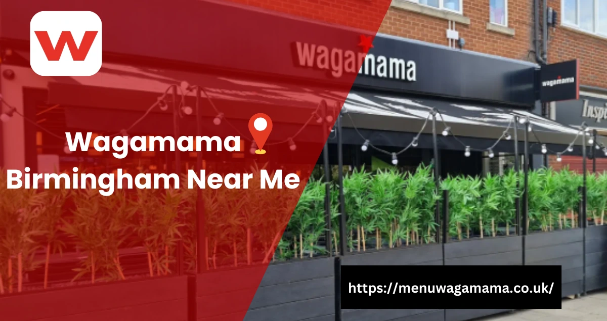 Exterior view of Wagamama Birmingham with vibrant red branding and lush greenery outside the restaurant. Visit us at menuwagamama.co.uk for more details.