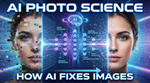 AI photo restoration process showing how artificial intelligence fixes blurry photos using neural networks and pixel reconstruction