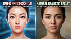 AI photo restoration comparison showing over processed plastic skin vs natural realistic photo result with real skin texture and authentic details