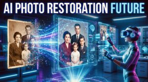 future AI photo restoration technology showing old photo transforming into 3D memory and virtual reality experience