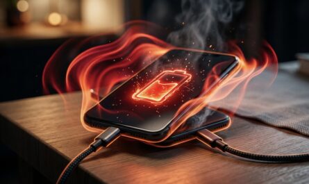 Smartphone overheating while charging with visible red heat glow and battery warning symbol on screen