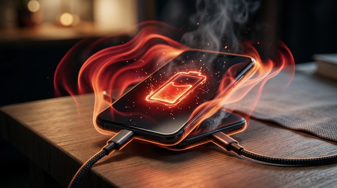 Smartphone overheating while charging with visible red heat glow and battery warning symbol on screen