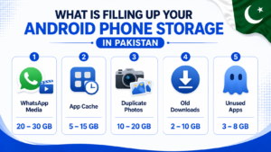 what fills up Android phone storage WhatsApp cache downloads infographic Pakistan