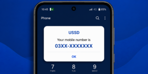 Android phone screen showing mobile number check USSD code popup Pakistan