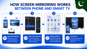 screen mirroring phone to Smart TV WiFi connection steps infographic Pakistan
