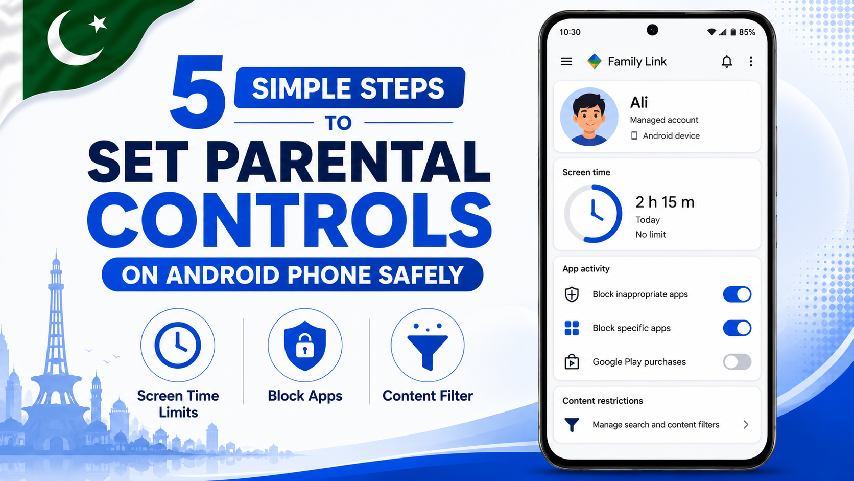 set parental controls on Android phone Family Link guide Pakistan