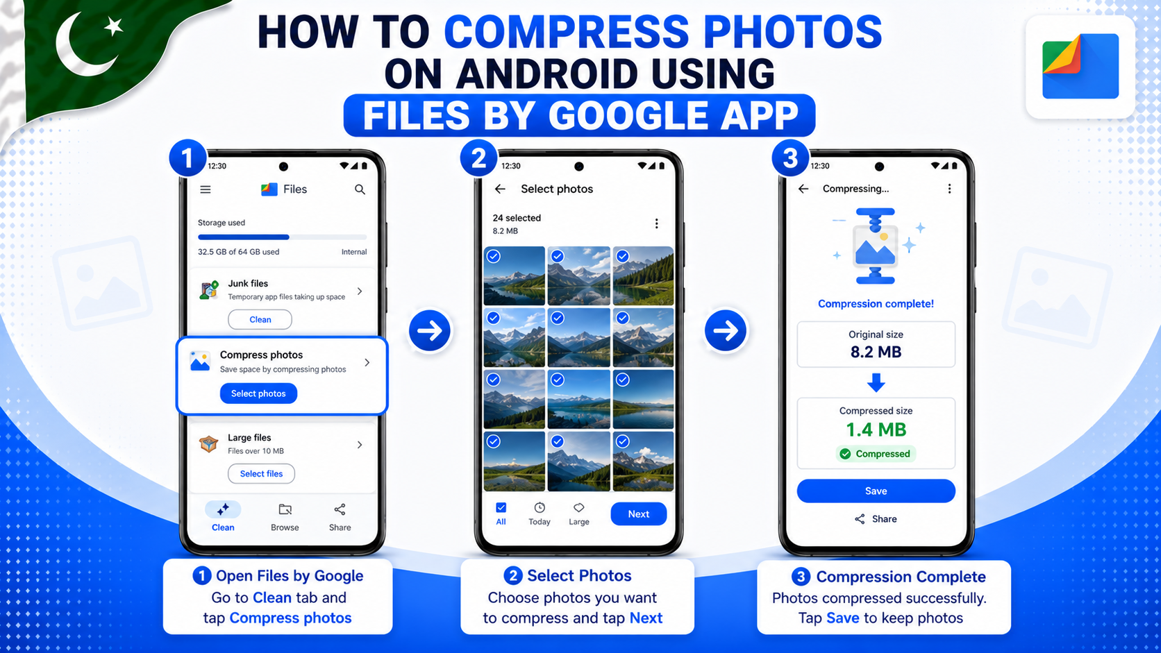 compress photos on Android using Files by Google app steps Pakistan