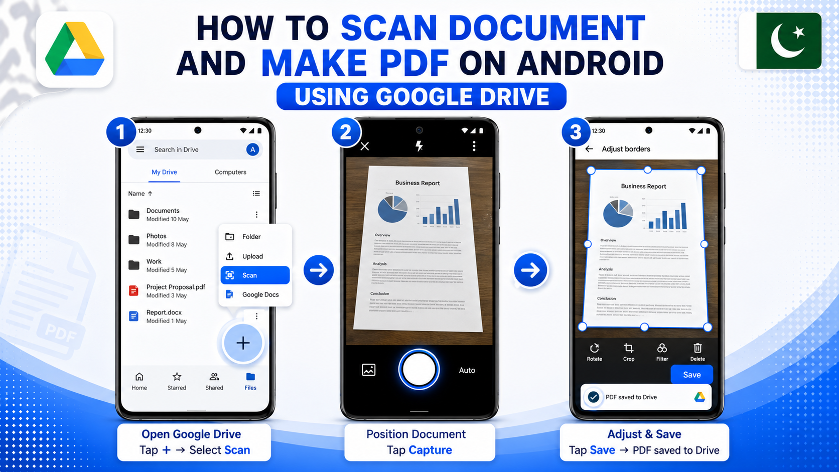 make PDF on Android phone scan document Google Drive steps Pakistan