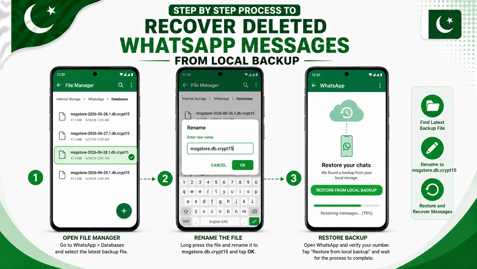 recover deleted WhatsApp messages from local backup rename file steps Android Pakistan